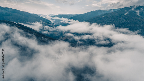 Morning fog above forest in mountains. Aerial view © lux3000