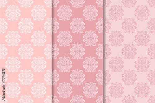 Pale pink set of floral ornaments. Seamless patterns