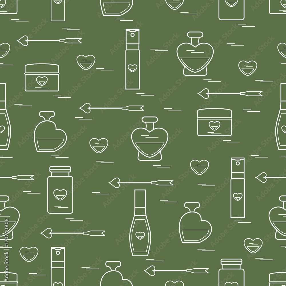 Cute seamless pattern with various accessories for the care of your body and hair: perfume bottles in the shape of a heart, cream, hair spray and other. Cute seamless pattern with various accessories for the care of your body and hair: perfume bottles in the shape of a heart, cream, hair spray and other.