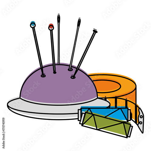 sewing thread tubes with pincushion and tape measure vector illustration design