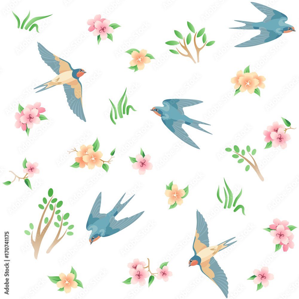Fototapeta premium Seamless pattern with spring birds and flowers / There are some flying swallows, grass, pink and yellow flowers 