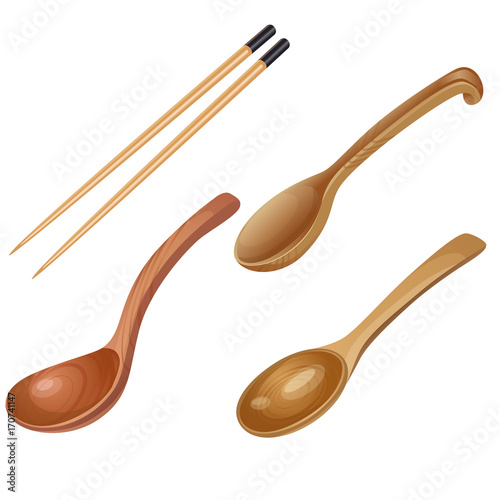 Three wooden spoons and pair of chopsticks / There are three types of wooden spoons and one pair of wooden chopsticks
