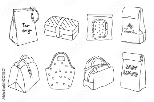  Various lunch boxes and lunch bags set. Eco bag, sandwich box, easy lunch. Hand drawn artistic sketch illustration.