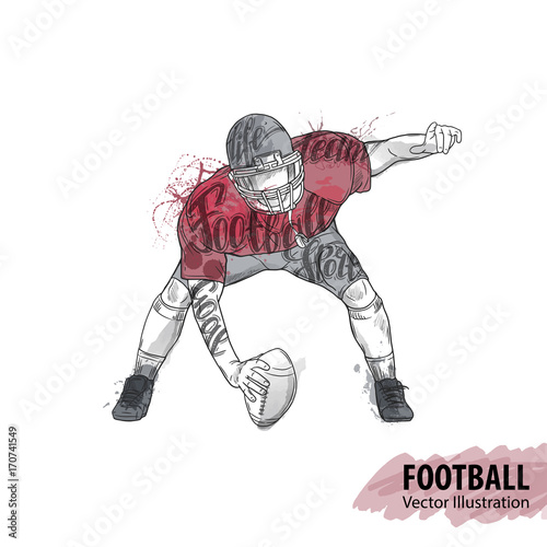 Hand sketch of American football player. Vector sport illustration. Watercolor silhouette of the athlete with thematic words. Text graphics, lettering. Active people. Recreation lifestyle.