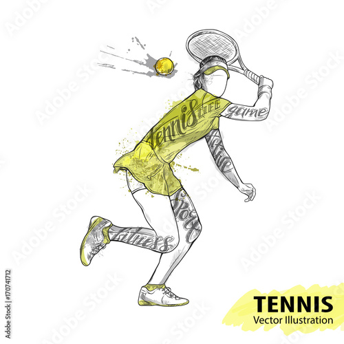 Hand sketch of American tennis player. Vector sport illustration. Watercolor silhouette of the athlete with thematic words. Text graphics, lettering. Active people. Recreation lifestyle.