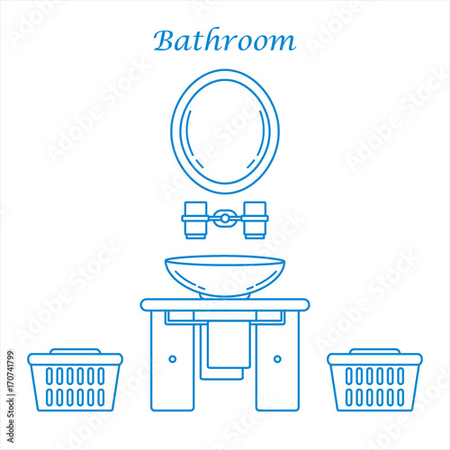 Cute vector illustration with variety bathroom elements: mirror, stand for glasses, washbasin, towel, towel holder, laundry baskets.