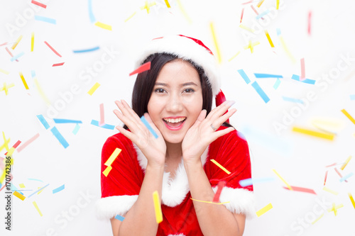 Beautiful Asian Woman with Happy Emotion, Isolated On White, Woman in Santa Claus Concept.