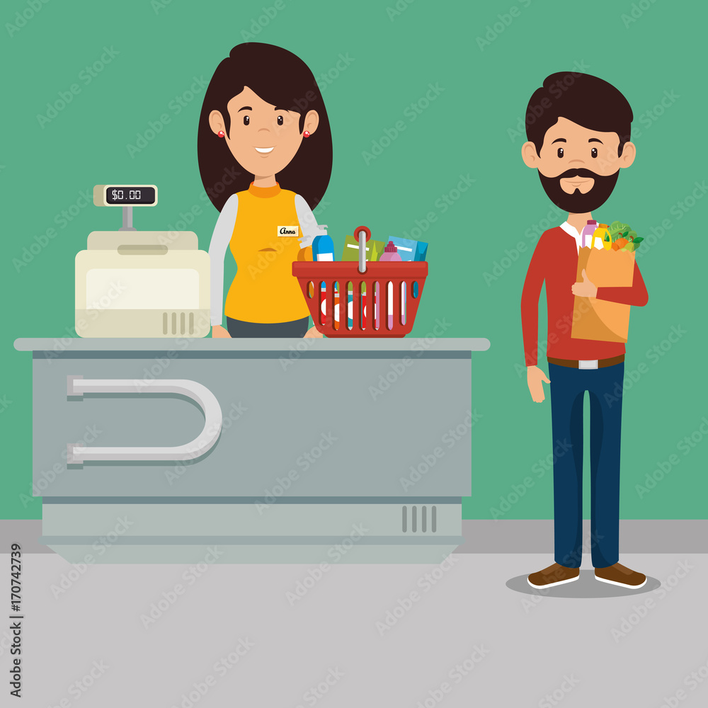 supermaket store counter desk with woman cashier in uniform vector illustration graphic design supermaket store counter desk with woman cashier in uniform vector illustration graphic design
