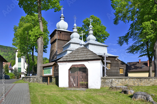 Greek catholic wooden church in Uscie Gorlickie, Beskid Niski,Poland photo