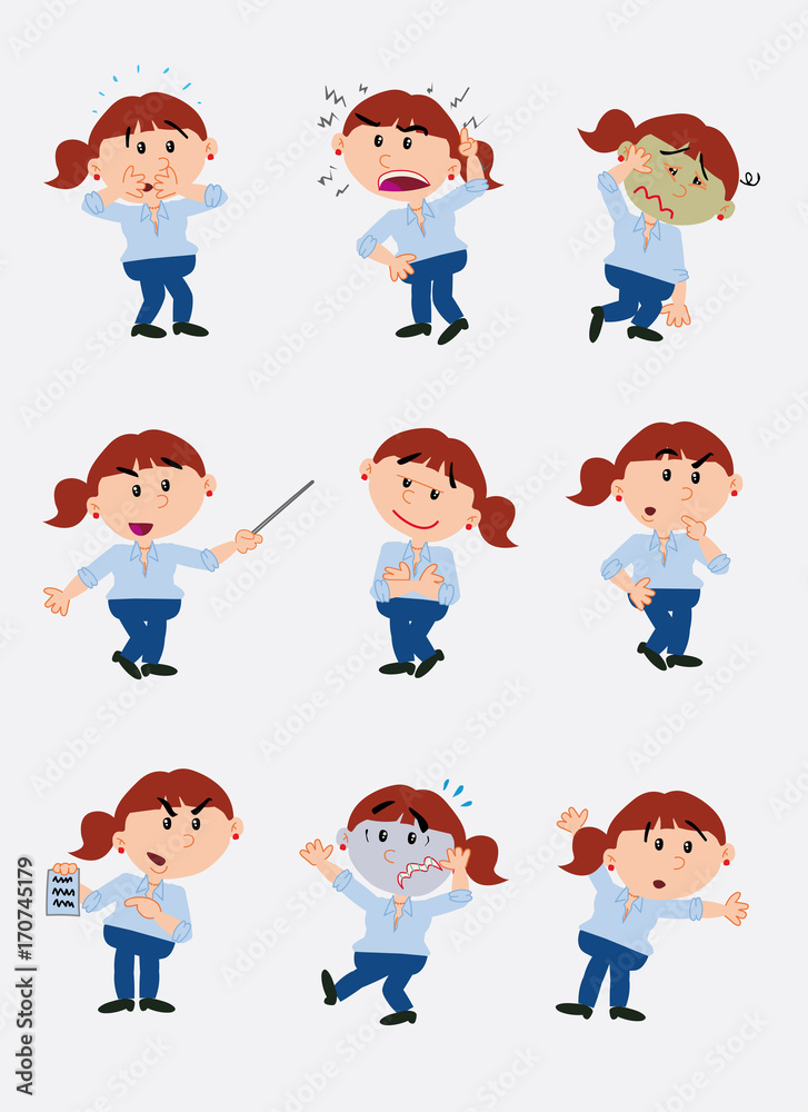 businesswoman character. Set with 9 variations for design work and animation.The character is angry, sad, happy, doubting…  Vector illustration to isolated and funny cartoons characters.