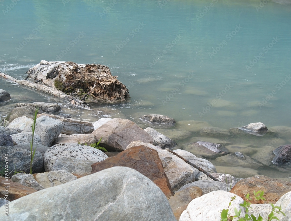 A log and stones in the water. A log and stones in the water.
