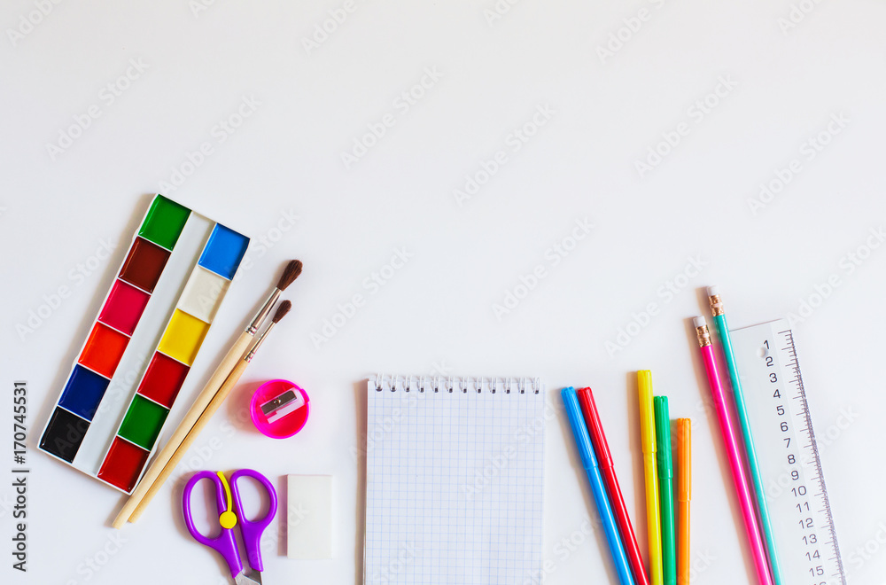 Fototapeta premium back to school or office styled pattern with school supplies on white background copy space