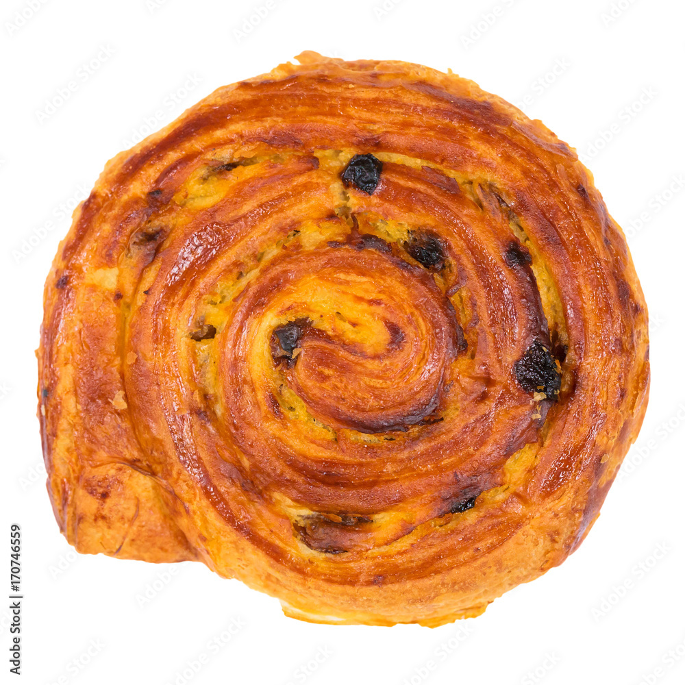 Raisin bun close-up isolated on white Raisin bun close-up isolated on white