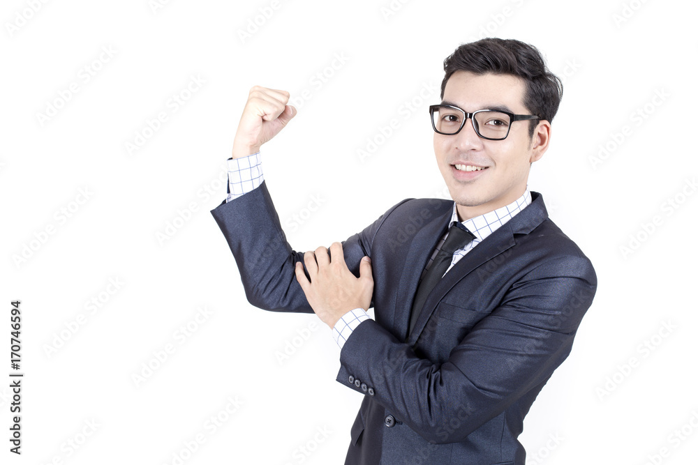 Asian Businessman standing on White Background with Success feeling, Business Success Concept, isolated on white background.