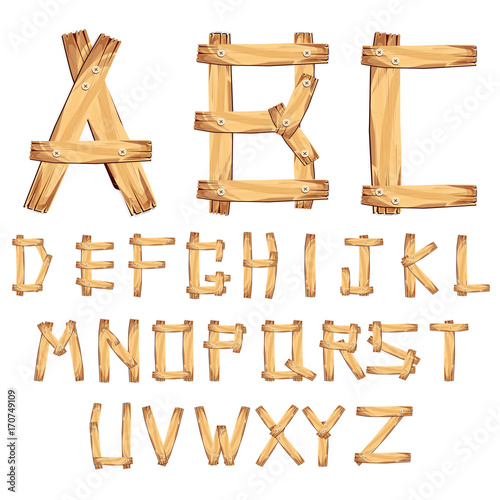 Wood Alphabet/ vector. Illustration of a set of wooden comic ABC letters and font characters. symbols. logo. on white background