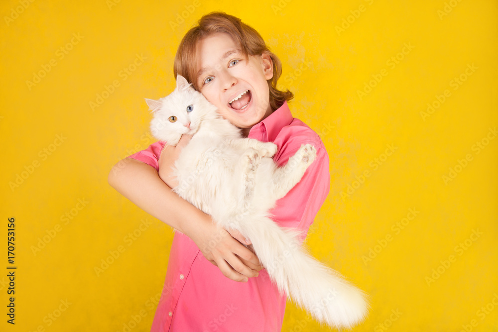 happy smiling boy wearing pink shirt with home pet cat on yellow background happy smiling boy wearing pink shirt with home pet cat on yellow background