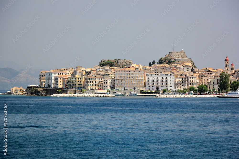 Panoramic view of the old town of Corfu or Kerkyra. Corfu island, Ionian Sea, Greece.