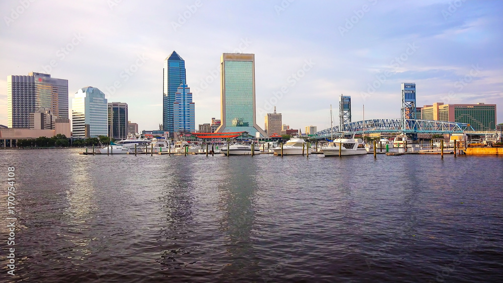 Jacksonville, Florida Skyline Across St John's River (logos blurred)