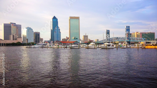 Jacksonville  Florida Skyline Across St John s River  logos blurred 