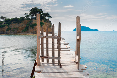 Agios Sostis island and bridge with gate, beautiful detail of Zakinthos island, Greece