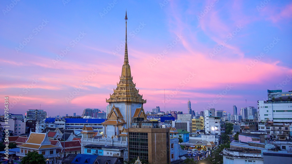 Sunset Skyline and China Gate in Chinatown - Bangkok, Thailand