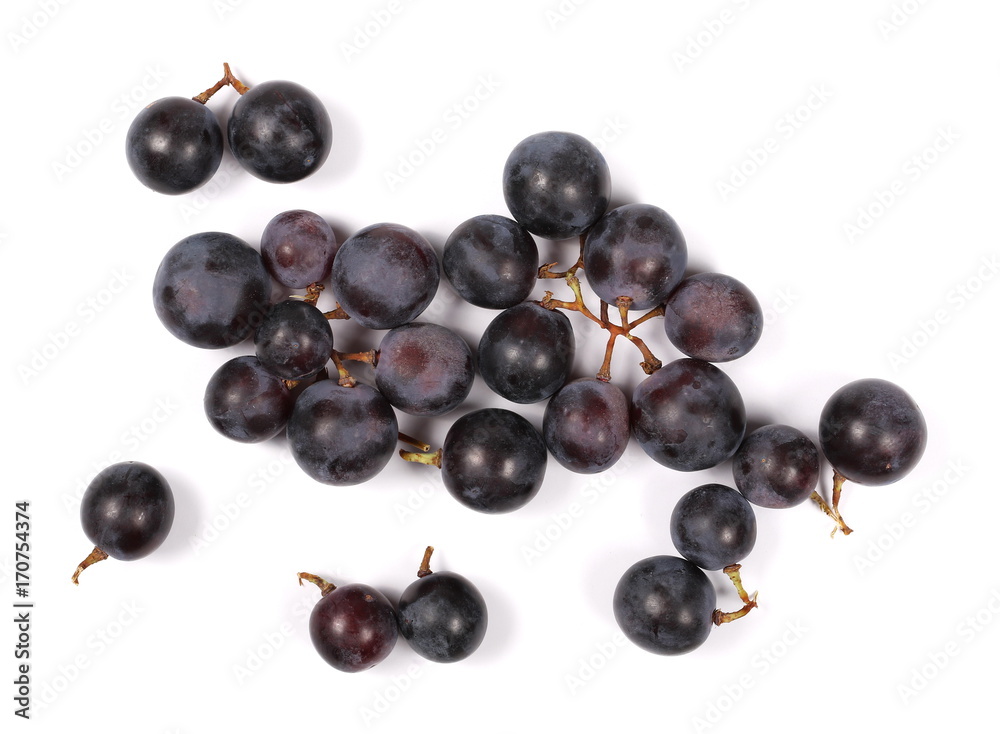 Dark grapes, isolated on white background, top view