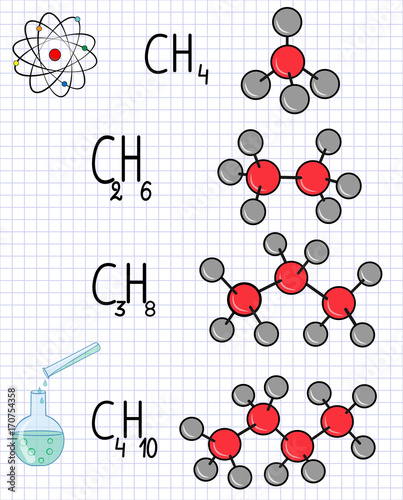 Chemical formula and molecule model methane CH4, ethane C2H4,  propane C3H8,  butane C4H10. School notebook on chemistry. sheet of paper in a cage