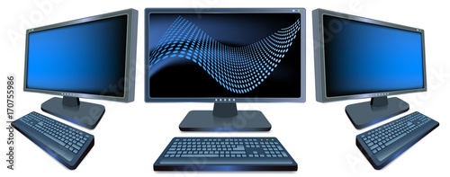 Set computer monitors with glowing screen and keyboards isolated on white background