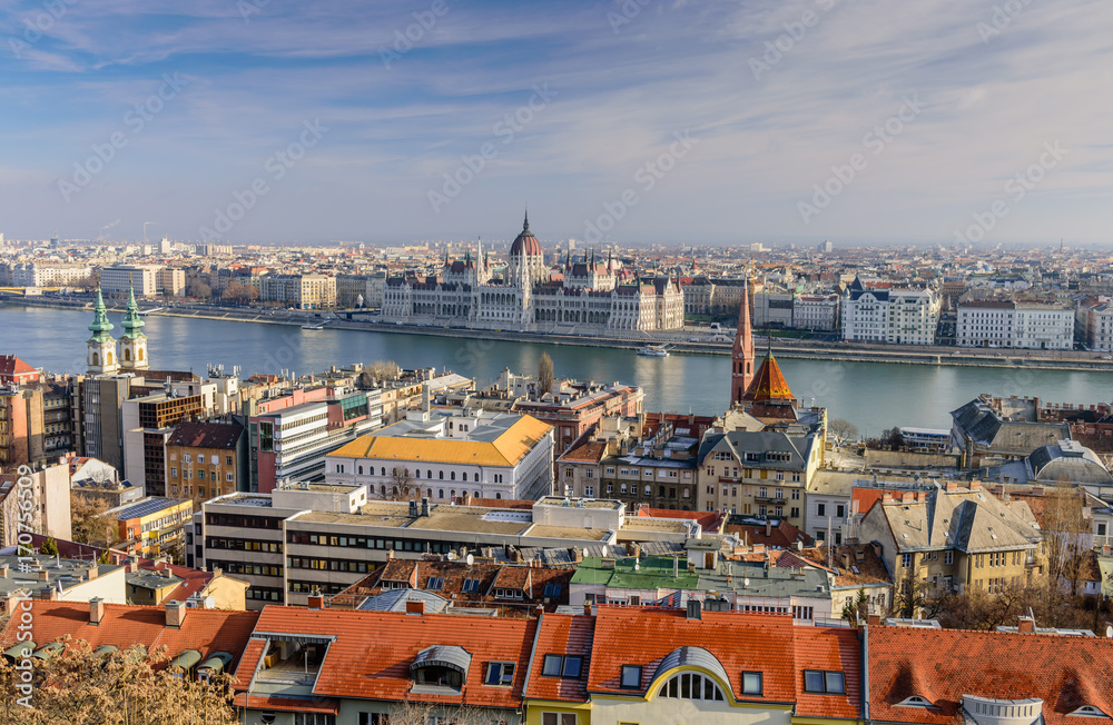 Aerial view of Budapest with the Parliament and the Danube, Budapest, Hungary