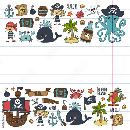 Vector pirates Children cartoon illustration Kids drawing style for kids party in pirate style Octopus, pirate ship, sailor, boy, girl, treasure island