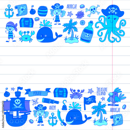 Vector pirates Children cartoon illustration Kids drawing style for kids party in pirate style Octopus, pirate ship, sailor, boy, girl, treasure island