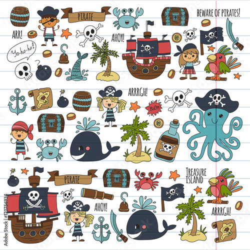 Vector pirates Children cartoon illustration Kids drawing style for kids party in pirate style Octopus, pirate ship, sailor, boy, girl, treasure island