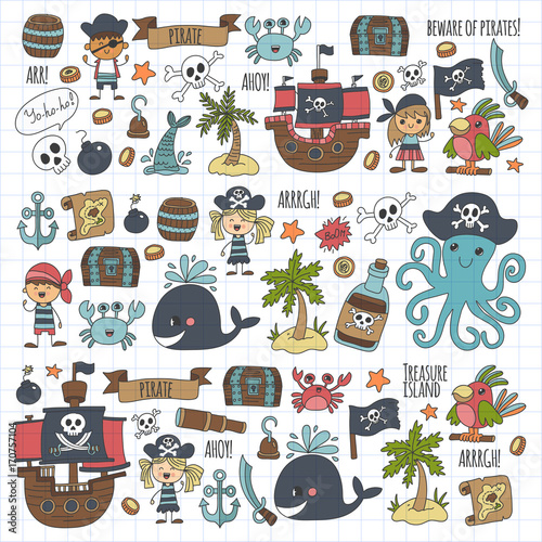Vector pirates Children cartoon illustration Kids drawing style for kids party in pirate style Octopus, pirate ship, sailor, boy, girl, treasure island photo