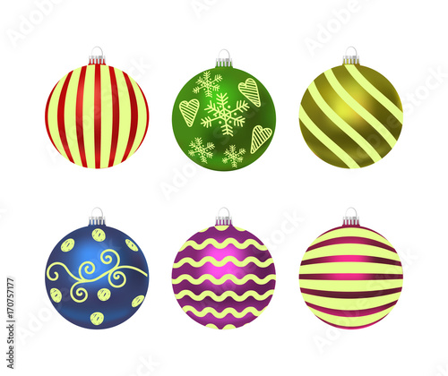 Colorful christmas balls with snowflakes and decorations. Set of isolated realistic decorations. Vector illustration.