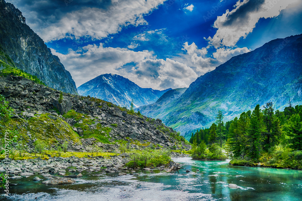 Fototapeta premium mountain range and river during sunset, national park in Altai republic, Siberia, Russia