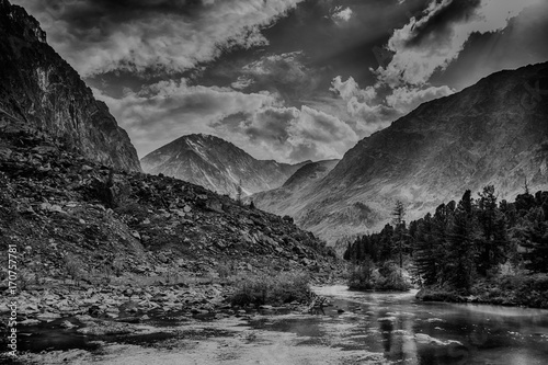Black and white photo, mountain range and river during sunset, national park in Altai republic, Siberia, Russia