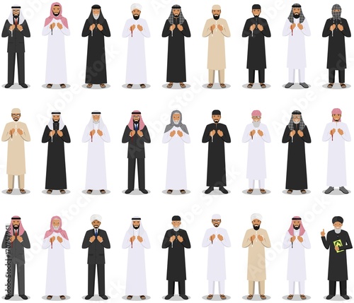 Prayer time. Different standing praying muslim arabic people and mullah in traditional arabian clothes. Mufti with quran. Islamic men with beads in hands pray. Vector illustration.