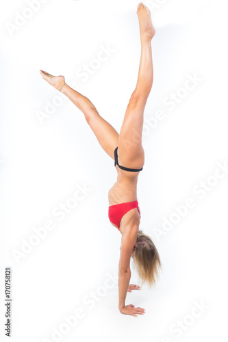 Beautiful diver preparing to dive on white background, vertical preparation