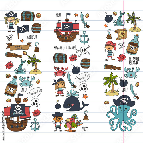 Vector pirates Children cartoon illustration Kids drawing style for kids party in pirate style Octopus, pirate ship, sailor, boy, girl, treasure island
