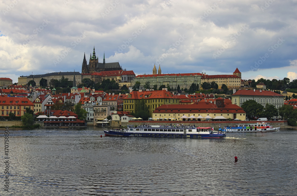 Panorama of Prague Castle, Lesser Town, St. Nicholas Cathedral and river Vltava in sunny day. Prague, The Czech Republic