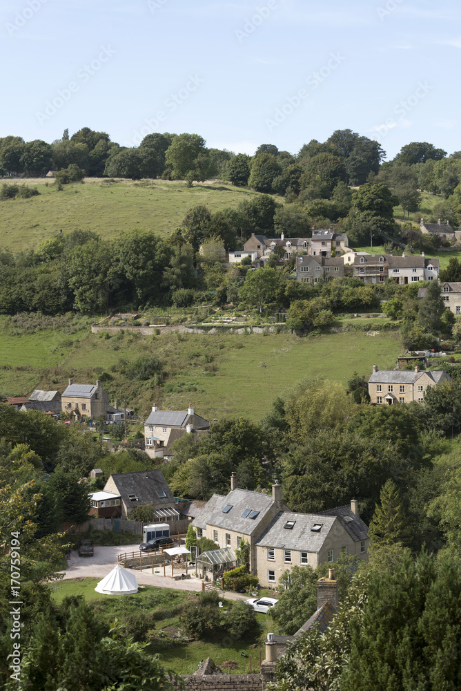Overview of the Cotswold village of Burleigh near Stroud Gloucestershire England UK. August 2017
