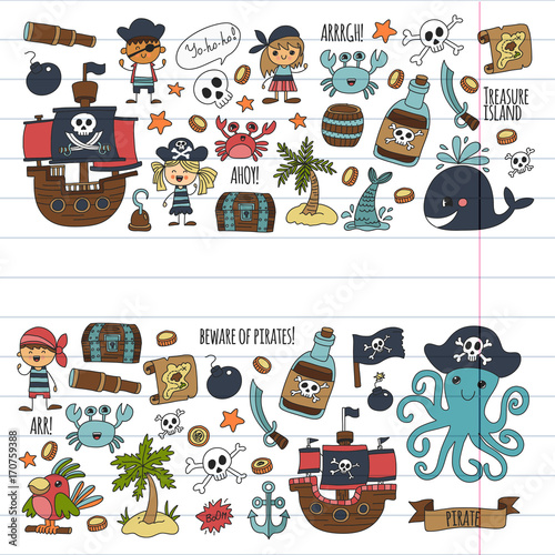 Vector pirates Children cartoon illustration Kids drawing style for kids party in pirate style Octopus, pirate ship, sailor, boy, girl, treasure island