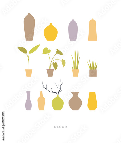 Green plants in pots and ceramic vases for decorating interior of house and office. Indoor plants on light background. Vector illustration.