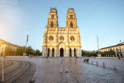 View on the saint Croix cathedral in Orleans city during the sunset in central France