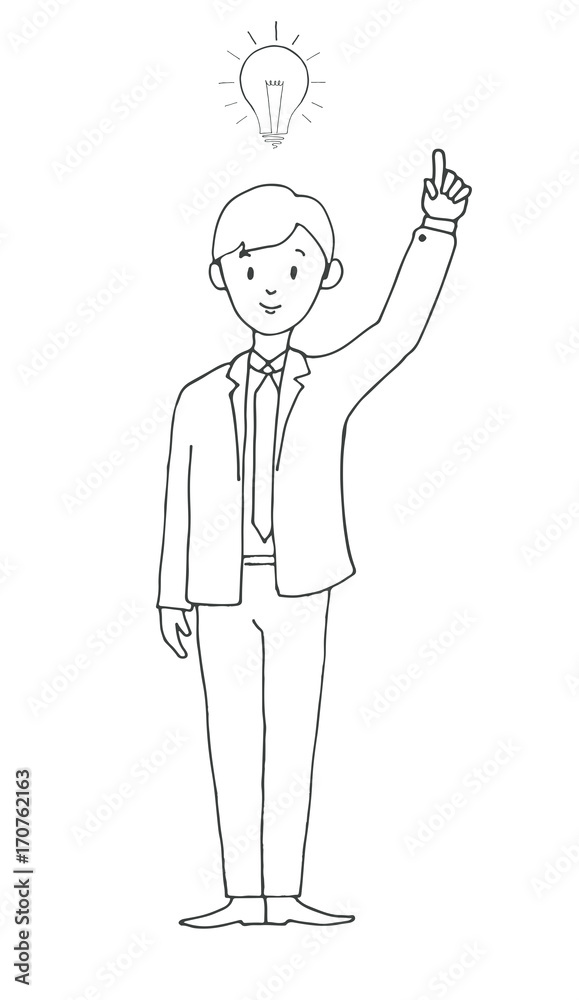 Young man in office clothes presents a light bulb, idea. Vector illustration in a sketch style. Young man in office clothes presents a light bulb, idea. Vector illustration in a sketch style.