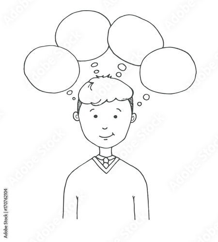 Young man with speech balloons. Vector illustration in a sketch style.