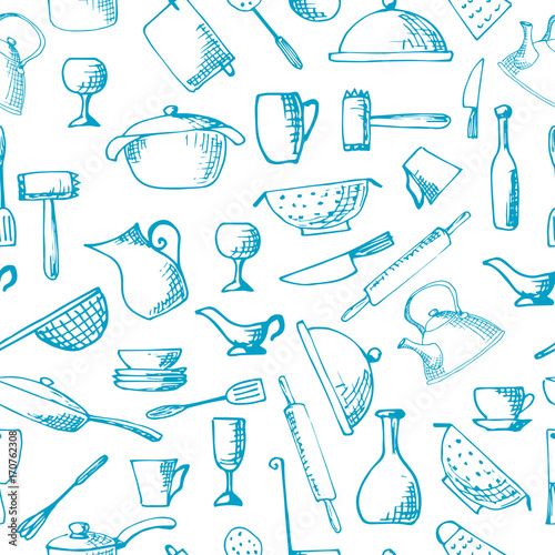 Set of hand drawn cookware. Vector illustration. Seamless pattern