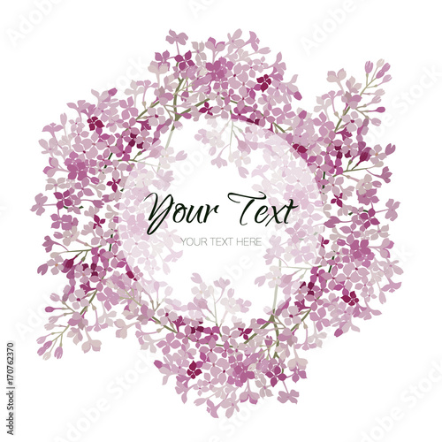 Vintage watercolor vector floral card with lilac. Romantic wedding background with round frame. Natural design.