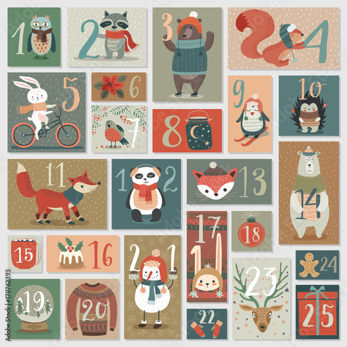 Christmas advent calendar, hand drawn style.