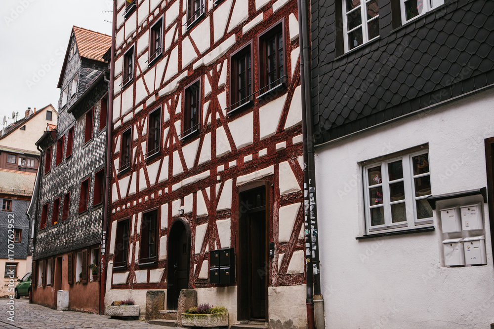 Traditional houses in German style in the city of Furth in Bavaria. German architecture of houses. Traditional houses in German style in the city of Furth in Bavaria. German architecture of houses.